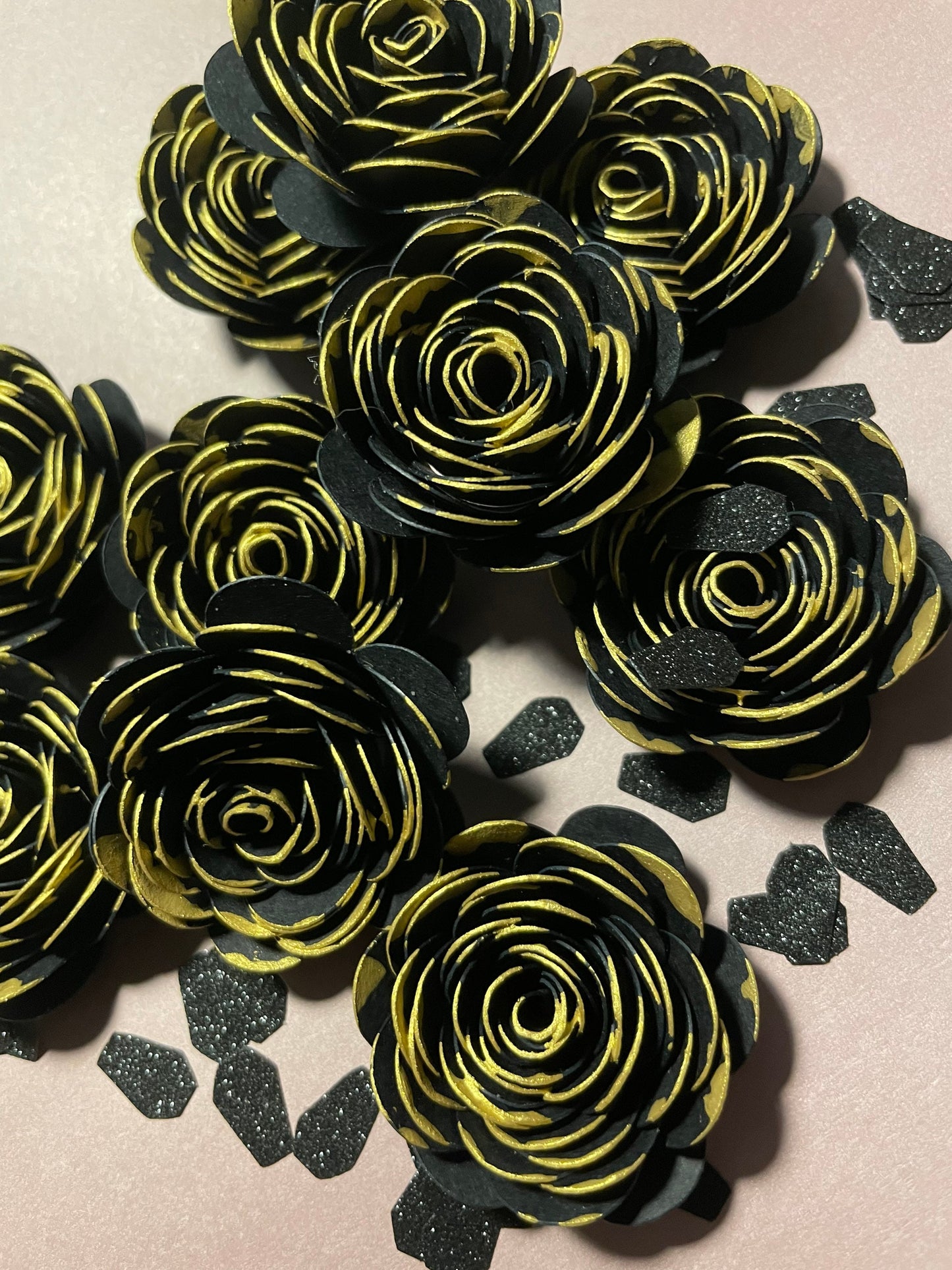 12 Gold Tipped Hand Rolled 1-1.5 inch Handmade Paper Flowers Loose Gothic Black Roses and other colors | Wedding Bridal Baby Birthday