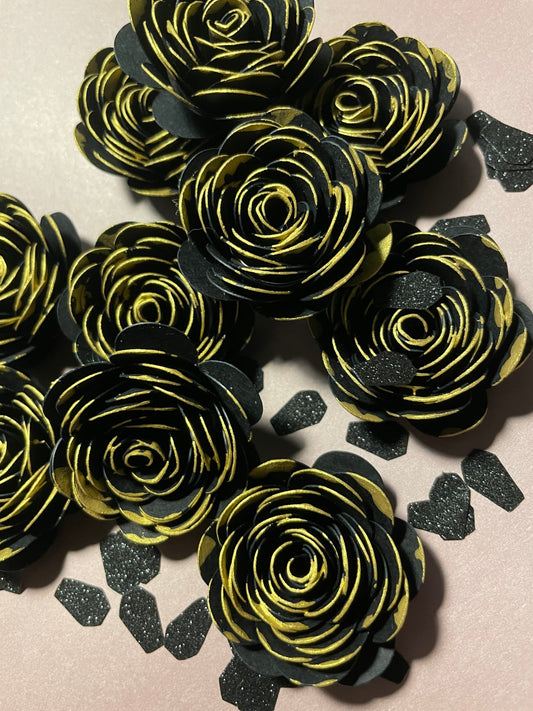 12 Gold Tipped Hand Rolled 1-1.5 inch Handmade Paper Flowers Loose Gothic Black Roses and other colors | Wedding Bridal Baby Birthday