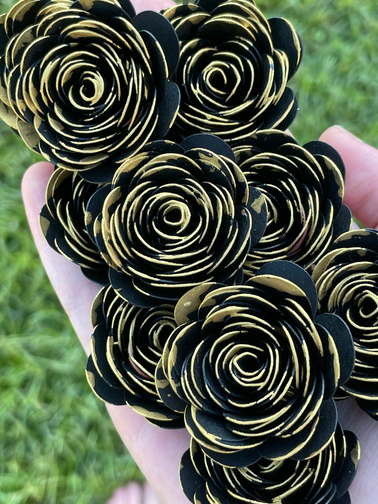 12 Gold Tipped Hand Rolled 1-1.5 inch Handmade Paper Flowers Loose Gothic Black Roses and other colors | Wedding Bridal Baby Birthday