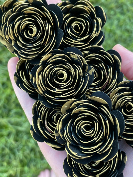 12 Gold Tipped Hand Rolled 1-1.5 inch Handmade Paper Flowers Loose Gothic Black Roses and other colors | Wedding Bridal Baby Birthday